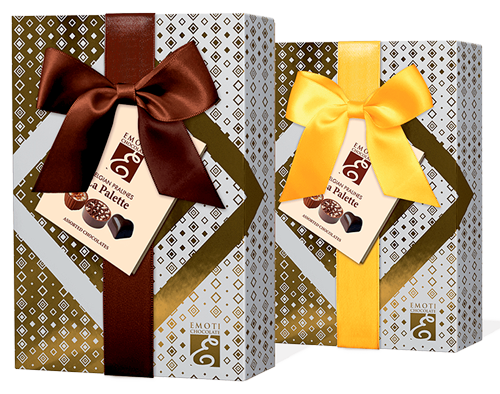 chocolate gift boxes with brown and gold bows